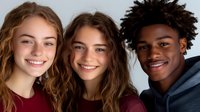 Diverse group of young smiling friends - Caucasian women with blonde and brown hair and African American man with curly hair posing together against white background.