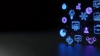 Digital business icons floating on dark background with blue glow effects for technology presentations and corporate communications.