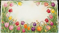 Watercolor tulip border frame with colorful spring flowers on light background, forming a floral wreath for greeting cards and invitations.