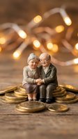Elderly couple figurines sitting on golden coins with warm bokeh lights background representing retirement savings and financial security planning.