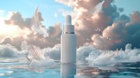 White cosmetic dropper bottle floating above reflective water surface with floating feathers and dreamy pink clouds, creating ethereal skincare advertisement scene.