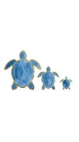 Three blue sea turtles with gold accents in decreasing sizes, isolated on white background. Watercolor style artwork suitable for nursery decor, children's design, and marine-themed projects.