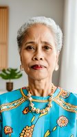 Senior woman with white hair and South Asian ethnicity wearing turquoise floral tunic with gold jewelry, indoor portrait for lifestyle and diversity stock use.