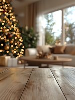 Wooden table surface with blurred festive living room background showing decorated Christmas tree with bokeh lights and cozy interior setting.