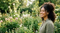 Young woman with curly dark hair and medium brown skin tone standing in lush garden surrounded by blooming flowers and green foliage, wearing casual olive shirt, smiling outdoors.