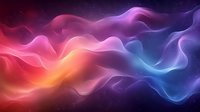 Colorful flowing smoke waves in pink, purple and blue creating abstract aurora effect against dark background with glowing particles and light trails.