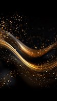 Glowing golden wave with sparkling particles flowing on black background creates luxurious abstract design for festive decorations and celebrations.