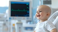 Happy Asian baby patient smiling in hospital bed with heart monitor display in background, showing hope and resilience during medical treatment period.