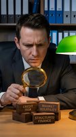Focused businessman examining financial risk blocks with magnifying glass in modern office setting for investment analysis and market research concepts.