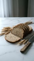 Freshly sliced whole grain bread loaf with wheat ears on marble surface, rustic bakery concept for healthy eating and artisan baking.