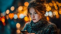 Young woman with blonde hair in sparkly sequined top looking at smartphone with warm bokeh city lights creating magical evening atmosphere.