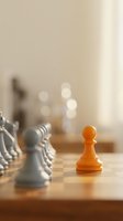 Orange pawn standing out among white chess pieces on wooden board, symbolizing uniqueness, leadership, and strategic advantage in business and competition.