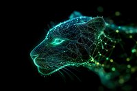 Digital network visualization of panther head profile with glowing turquoise particles and connecting lines on black background, representing artificial intelligence.
