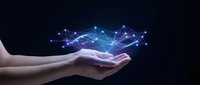 Human hands cupping glowing blue network connections with bright nodes and lines representing digital technology, data transfer, and connectivity concepts.