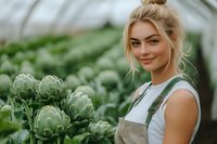 Young blonde woman farmer in overalls smiling while tending to fresh artichokes growing in greenhouse. Natural organic farming and sustainable agriculture concept.