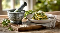 Homemade pesto pasta with fresh basil and stone mortar and pestle on rustic wooden board, natural light setting for food photography.