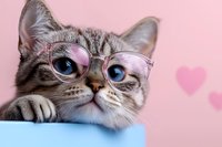 Adorable tabby cat wearing pink glasses peeks over blue surface against pink background with heart bokeh, showcasing bright blue eyes and curious expression.