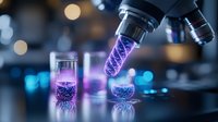 Glowing purple DNA strands in test tubes under microscope with blue bokeh background, showing genetic research and biotechnology laboratory experiment.