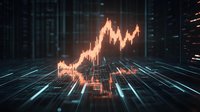Glowing orange stock market chart rises dramatically against dark futuristic grid background with blue light trails, representing financial growth and technology.