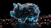 Glowing wireframe piggy bank with blue digital network lines on dark background, symbolizing fintech, savings, and digital finance.