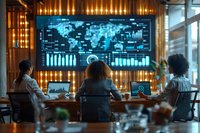 Business team analyzing global data analytics on large digital screen in modern office conference room for strategic planning and decision making.