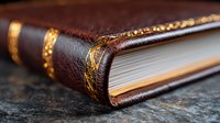 Vintage leather-bound book with ornate gold embossing and decorative spine details on dark textured surface, macro close-up view showing craftsmanship and binding details.