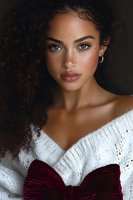 Young mixed race woman with freckles and curly dark hair wearing white knit sweater and burgundy velvet bow. Natural beauty portrait with soft lighting.