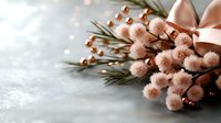 Festive winter arrangement with fluffy pink pom poms, pine branches and rose gold ribbon on white wooden background with warm bokeh lights for holiday decor.