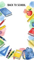 Watercolor back to school frame with educational supplies, books, apple, pencils, rulers and backpack on white background for student designs.