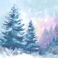 Dreamy winter forest landscape with blue pine trees against pastel sky background, falling snow creating magical atmosphere for holiday designs.