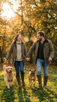 Happy couple walking with golden retriever and mixed breed dogs in autumn park during golden hour sunset light through trees.
