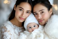 Young Asian family portrait with baby in white winter attire. Mother and father in cozy white outfits embrace infant wearing soft white hat against blurred bokeh background.