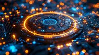 Futuristic glowing circular interface with orange and blue neon lights on digital surface, perfect for technology and innovation concepts in web design and presentations.