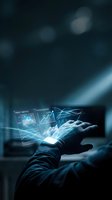 Businessman hand holding holographic data analytics charts and graphs with glowing blue light effects for digital transformation and business intelligence.