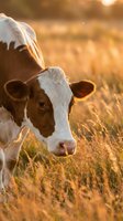 Brown and white cow grazing in golden meadow at sunset, warm bokeh background, farm animal portrait in nature.