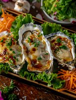Fresh oysters on half shell garnished with spicy Asian sauce, chopped herbs and lettuce on wooden serving board. Gourmet seafood appetizer presentation.