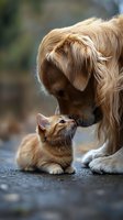 Golden retriever dog gently touching noses with orange tabby kitten in tender moment of friendship and connection, showing interspecies bonding on blurred background.