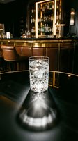 Glass of sparkling water with ice cubes on dark bar counter, luxury nightclub interior with illuminated shelves and bottles in background, hospitality and beverage service concept.
