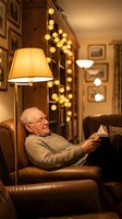 Senior Caucasian man with glasses reading book in cozy leather armchair with warm lighting and string lights creating comfortable home library atmosphere.