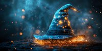 Magical wizard hat with glowing golden stars and sparkles against dark mystical background with bokeh lights and ethereal blue fog atmosphere.