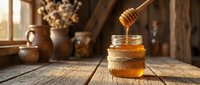Golden honey dripping from wooden dipper into glass jar on rustic kitchen table with warm sunlight streaming through window creating cozy farmhouse atmosphere.