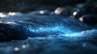 Magical blue glowing water splash with bokeh light effects against dark background, close-up macro photography of liquid motion and droplets in night setting.