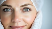 Close up portrait of young Caucasian woman with bright blue eyes and gentle smile wearing white towel or headwrap, representing beauty, skincare and spa treatments.