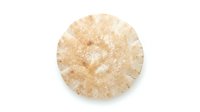 Overhead view of a round whole grain cereal disk with crispy texture isolated on white background, suitable for food packaging and breakfast product design.