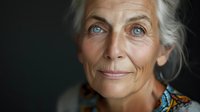 Close up portrait of mature Caucasian woman with silver hair and bright blue eyes wearing colorful ethnic pattern blouse against dark background, natural aging beauty concept.