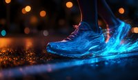 Running shoe glowing with bright blue light effect on wet asphalt at night, illuminated by street lights creating magical bokeh atmosphere. For sports and fantasy designs.