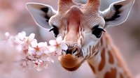 Adorable giraffe calf eating delicate pink cherry blossoms with soft bokeh background. Wildlife photography concept for nature and spring themes.