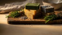 Natural handmade soap bars with herbs on rustic wooden board for organic skincare and spa treatments in warm bathroom setting.