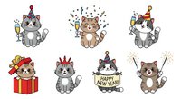 Cute cats wearing party hats and celebrating with champagne, confetti, and gifts. Isolated cartoon characters ready for greeting cards, invitations, and festive designs.