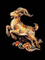 Ornate golden goat with decorative swirls and red accents, isolated on transparent background. Ready for t-shirt design, clipart, stickers, sublimation, and print-on-demand products.